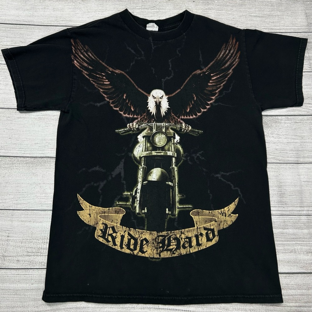 RIDE HARD Bald Eagle on Motorcycle T-Shirt